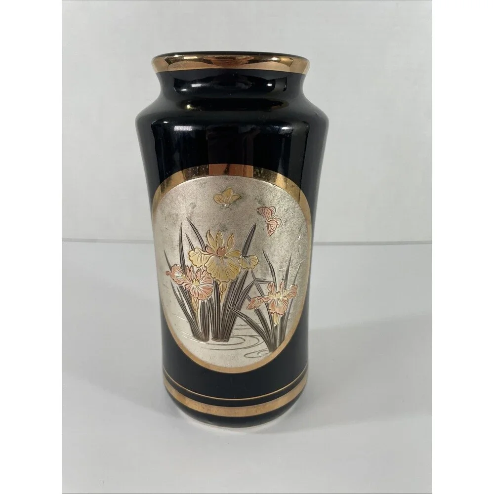 VTG Vase Decorated The Art Of Chokin Engraving Japan Hummingbird Floral Black